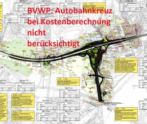 Die Karte zeigt den Plan des Autobahnkreuzes, dessen Kosten im Bundesverkehrswegeplan nicht eingerechnet wurden